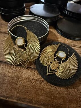 Gold Winged Scarab Hoop Earrings with Opal Stone from Ask & Embla